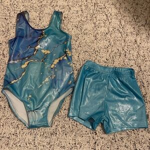 Girls Blue Teal Metallic Gymnastics Leotard and Shorts Set